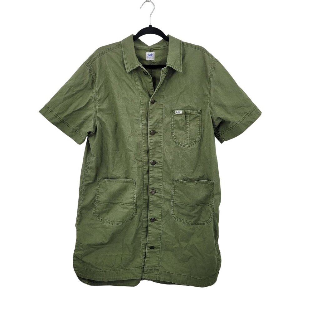 Vtg Lee Workwear Army Green Pinafore Denim Utility Shirt Dress Sz L‎ Boilersuit